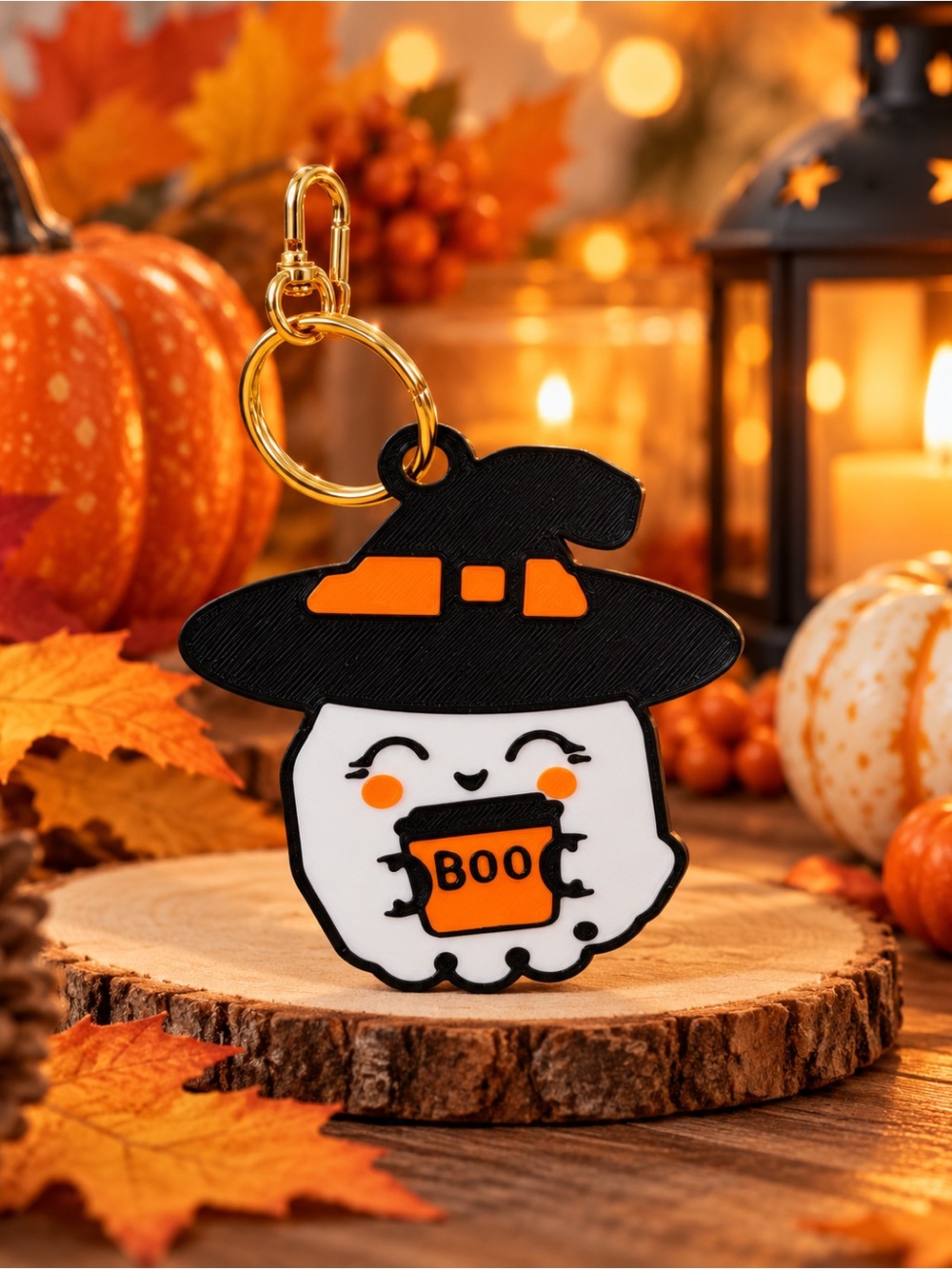 Halloween Ghost Witch Keychain Orange & Black Cute 'Boo' Charm